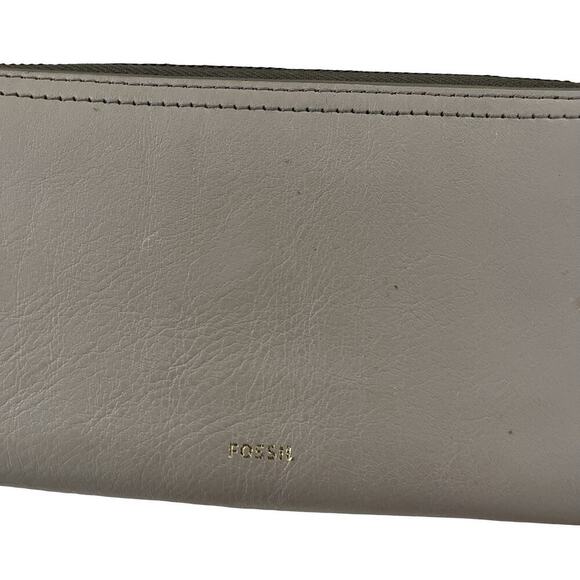 Fossil 100% Leather Zip Around Large Accordion Wallet Wristlet in Light Gray - Picture 3 of 11